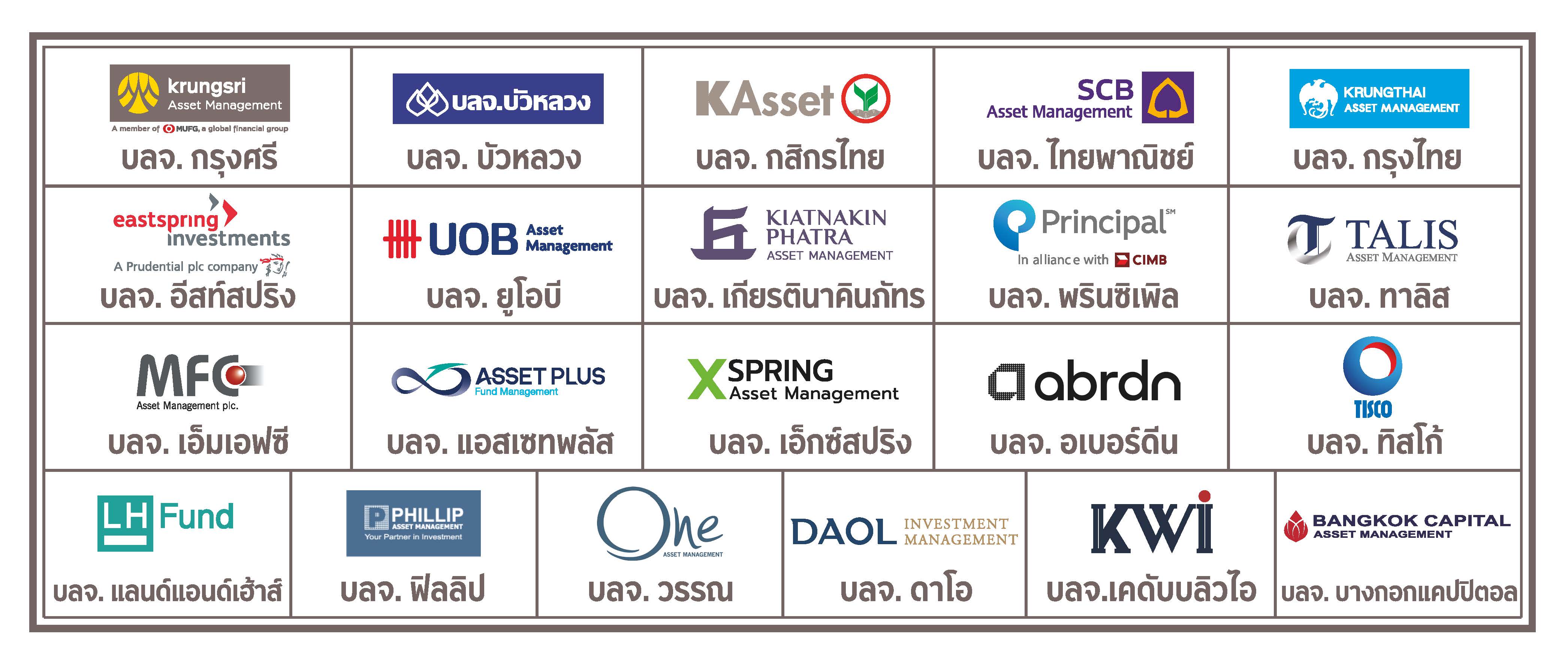 ภาพรวมโลโก้และรายชื่อบริษัทหลักทรัพย์จัดการกองทุน 21 แห่ง ซึ่งมีรายชื่อเป็นข้อความด้านล่าง