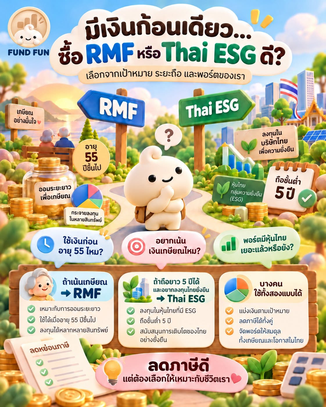 ภาพบทความ Fund Fun ชวนเลือก RMF หรือ Thai ESG จากเป้าหมาย ระยะเวลาถือ และสัดส่วนสินทรัพย์ไทยในพอร์ต