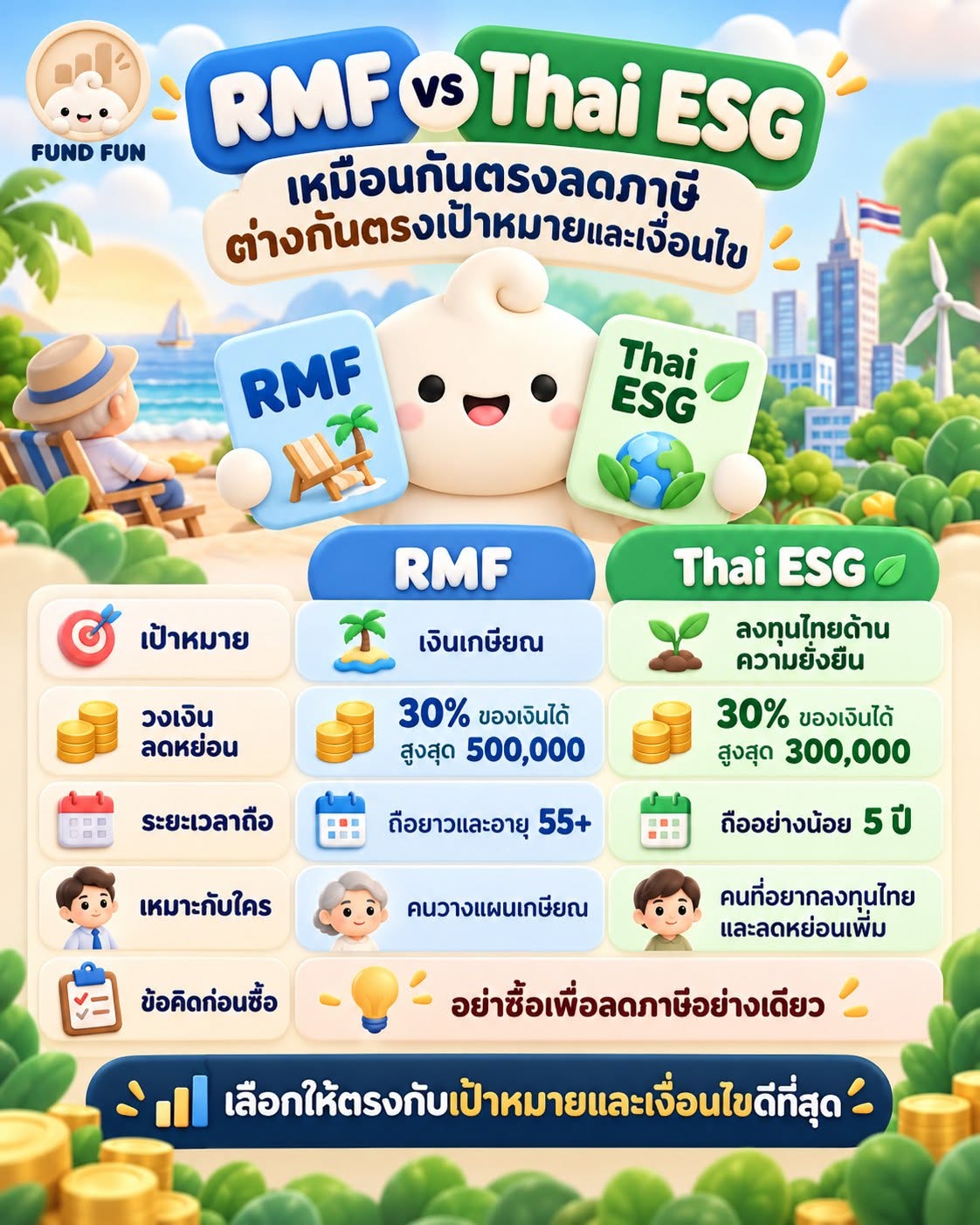 ภาพปก Fund Fun เปรียบเทียบเป้าหมาย วงเงินลดหย่อน และระยะเวลาถือ RMF กับ Thai ESG